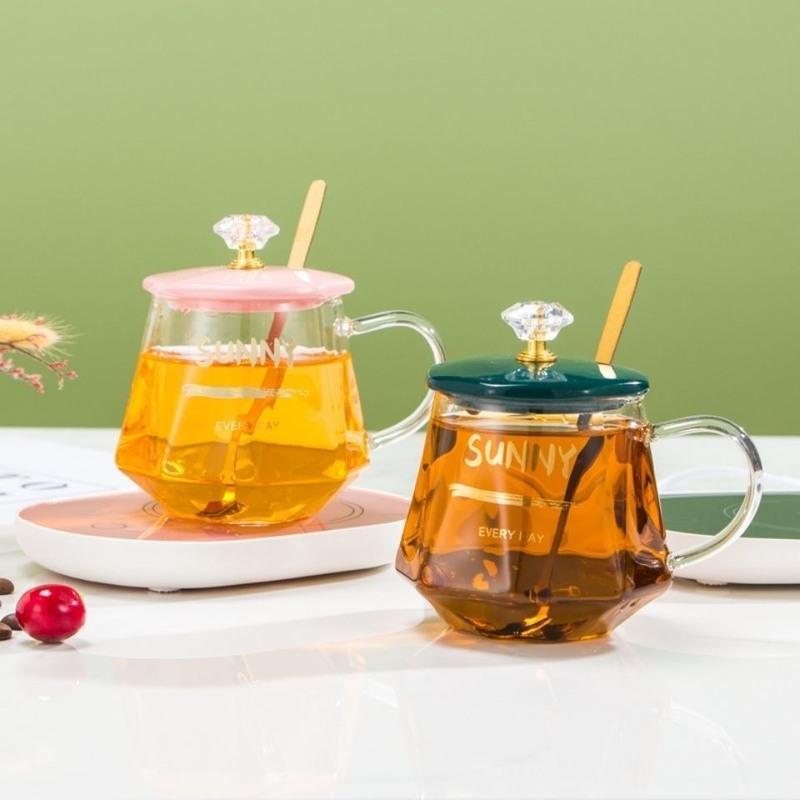 恒温玻璃杯子透明带把咖啡杯情侣水杯女家用茶杯伴手礼马克杯带盖 绿玻璃平盖+杯+勺