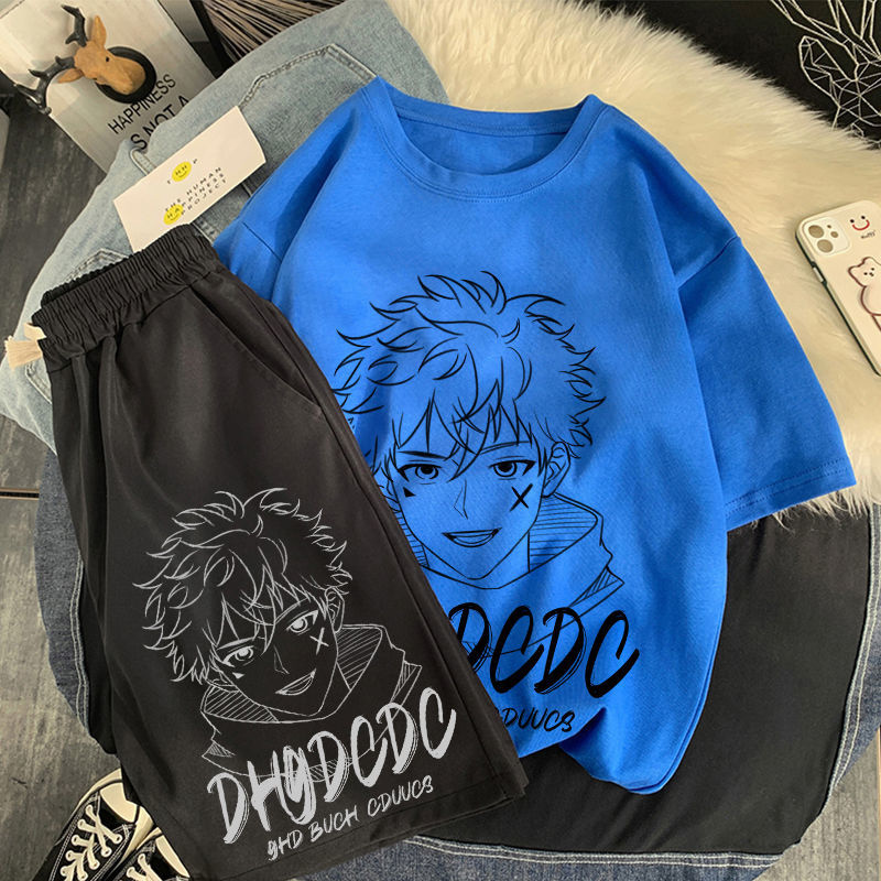 gduck动漫风二次元学生短袖t恤两件套男宽松夏季短裤日系潮牌套装