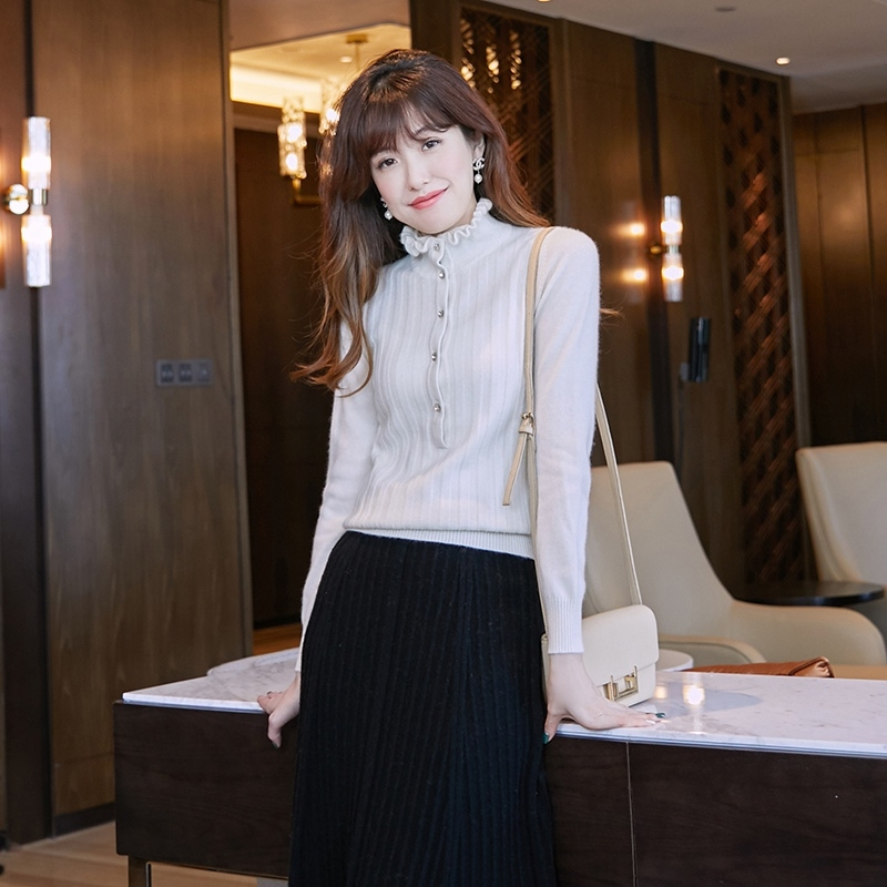 羊绒衫女2018纯色秋冬新款荷叶领拼接抽条纯色显瘦毛衣打底套