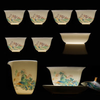 金镶玉 功夫茶具整套装羊脂玉白瓷盖碗茶杯陶瓷泡茶礼品盒高档 青山绿水