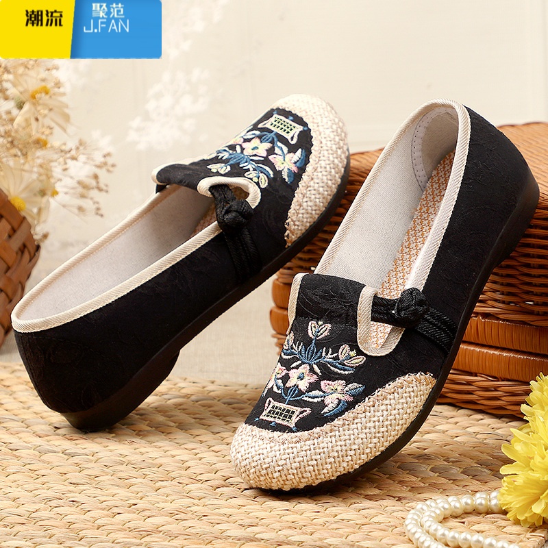 聚范款老北京绣花布鞋女单鞋复古老年妈妈鞋软底刺绣一脚蹬平底鞋高清大图