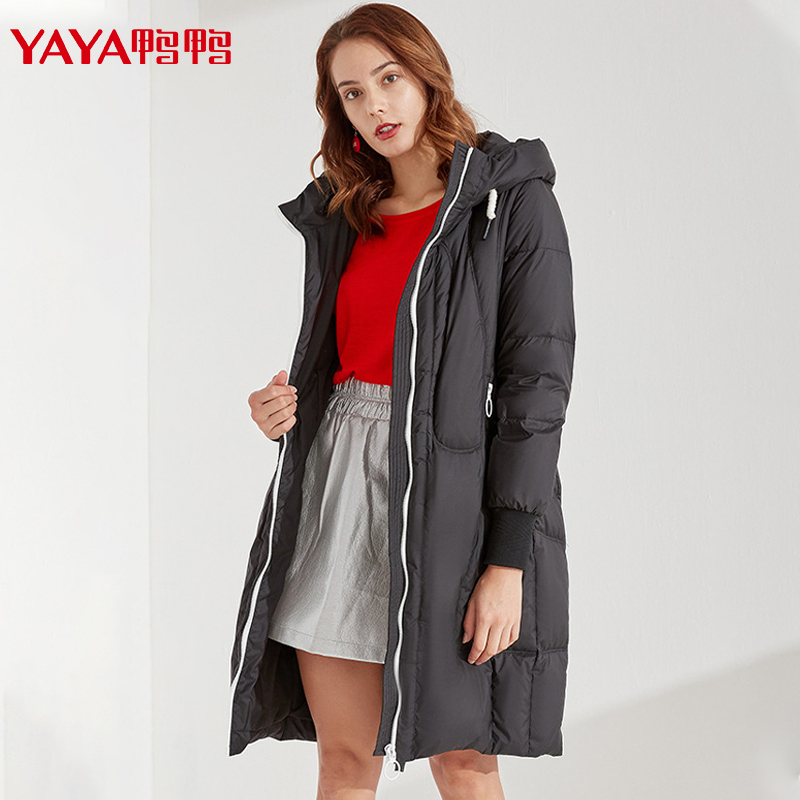 鸭鸭90鸭绒女士中长款连帽羽绒服纯色时尚潮流保暖外套