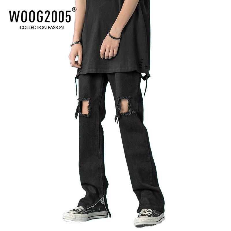 WOOG2005开叉拉链牛仔裤男小众设计感破洞微喇工装裤美式vibe裤