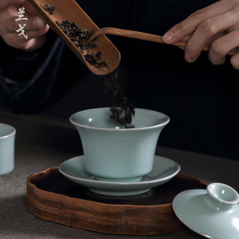 美帮汇天青汝窑三才盖碗汝窑开片茶杯大号茶具套装陶瓷配件敬茶碗主人杯高清大图