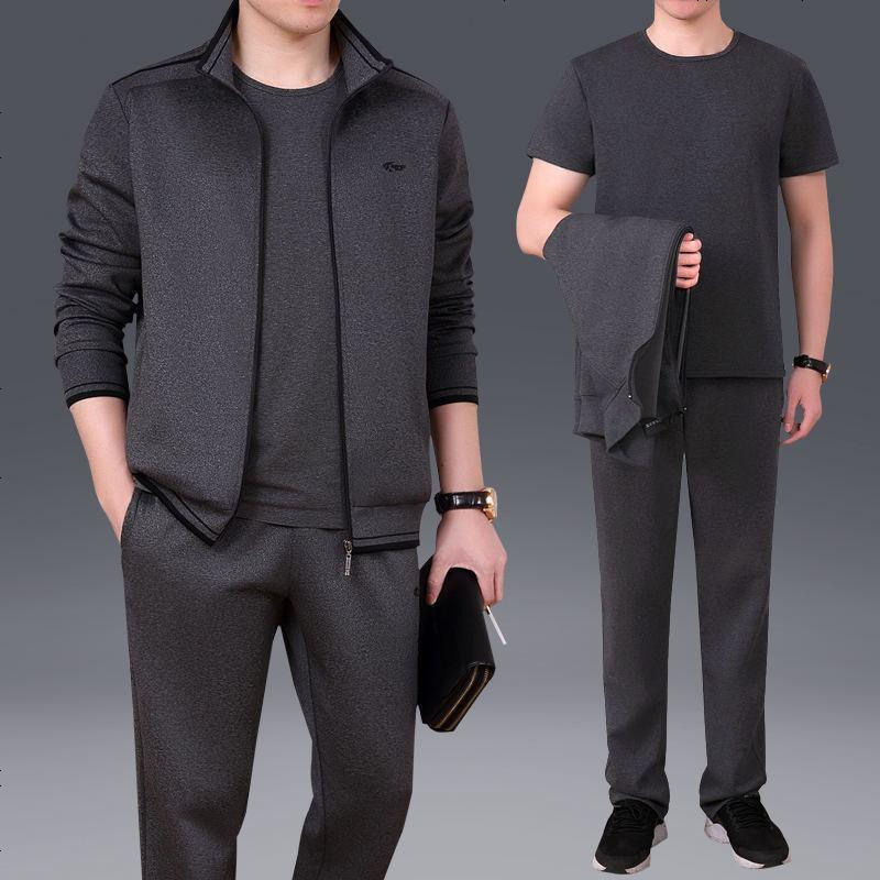 锋非凡品牌中老年运动套装男春秋三件套宽松大码南韩丝运动服爸爸装