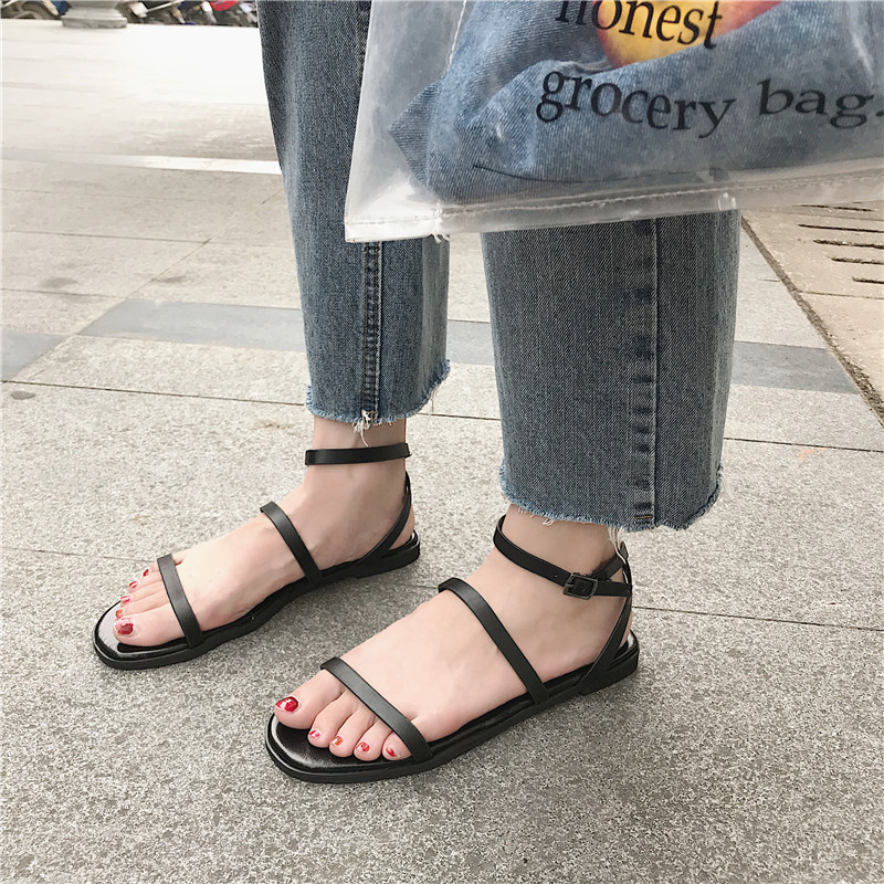 桂兰珊（Guilanshan） 凉鞋2020新款女夏季韩版百搭平底一字扣带露趾学生港味简约罗马鞋
