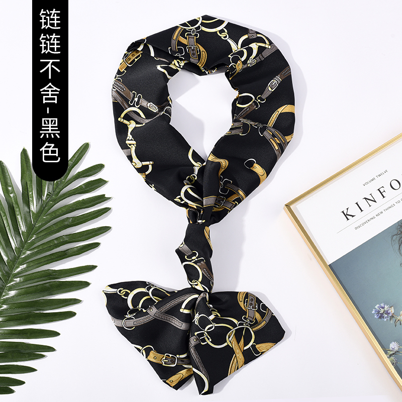美帮汇姚晨小领巾女春秋款洋气时尚百搭装饰长条腰带小丝巾领带丝带 链条不舍黑色