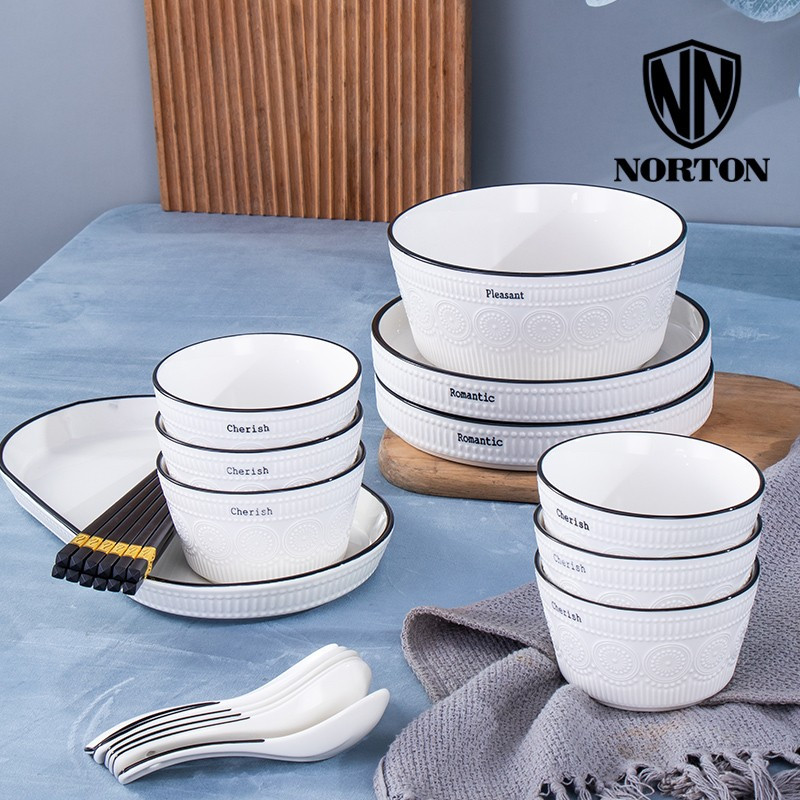 诺顿简约北欧餐具22件套鱼盘汤碗饭碗筷子等陶瓷餐具套装