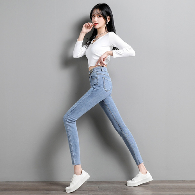 晗亦然牛仔裤女春季长裤2021新款高腰显瘦弹力紧身九分小脚裤子8677