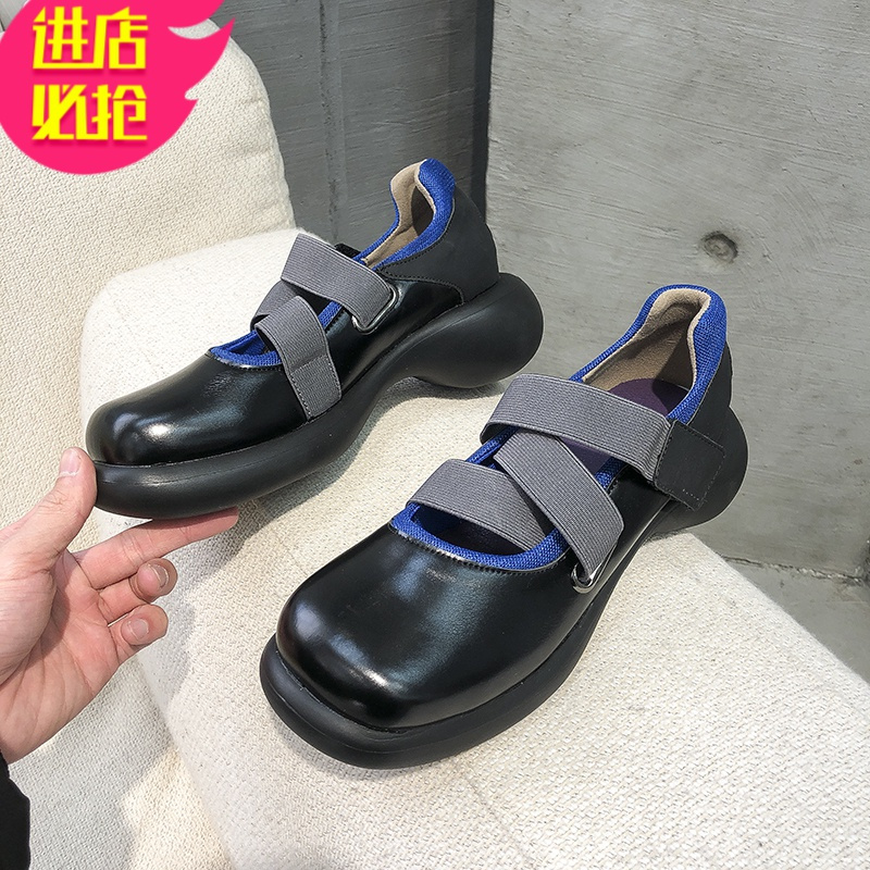 金三志单鞋女2021年春季新款复古方头松糕厚底弹力带学院风jk玛丽珍鞋女休闲鞋