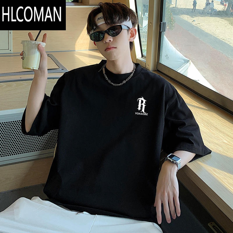 HLCOMAN多巴胺美式粉红色t恤男士短袖潮牌夏季2025新款宽松大码男生