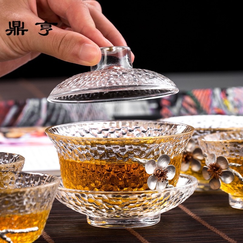 鼎亨镶锡制玻璃三才盖碗茶杯功夫茶具套装加厚耐热锤纹日式大号泡