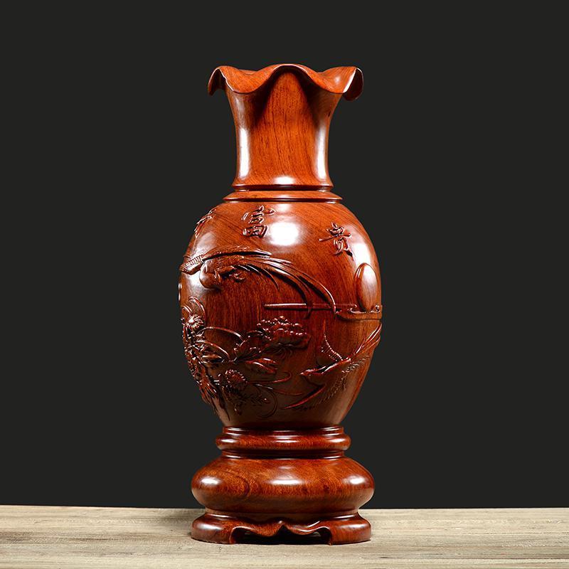 花梨木装饰花瓶摆件一对客厅插花家居中式大号红木刻工艺品