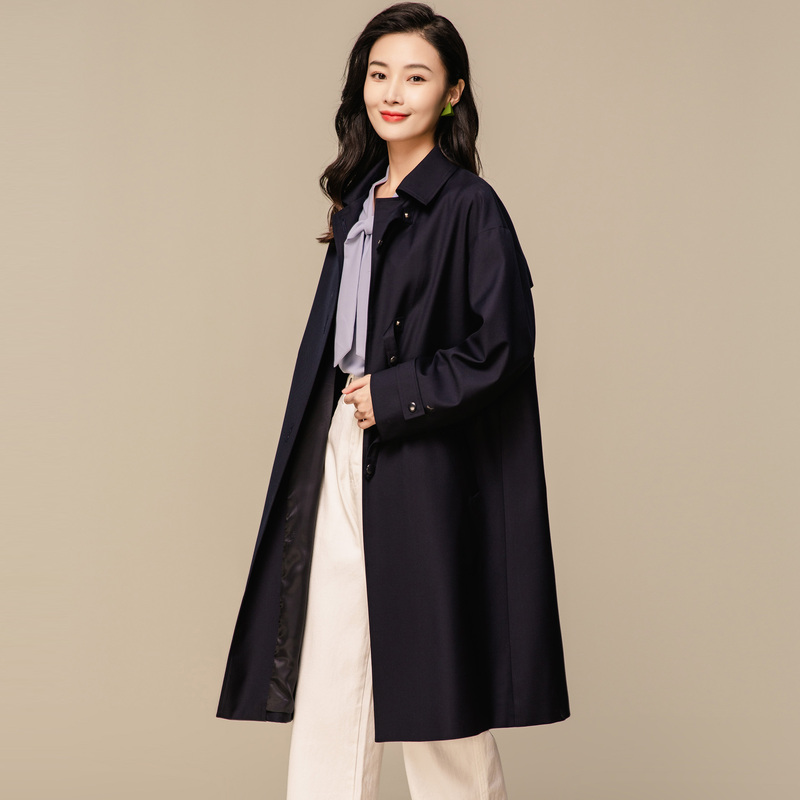 恒源祥中长款风衣女小众设计感抽绳收腰外套2024秋单排搭扣大衣 170/L 丈青