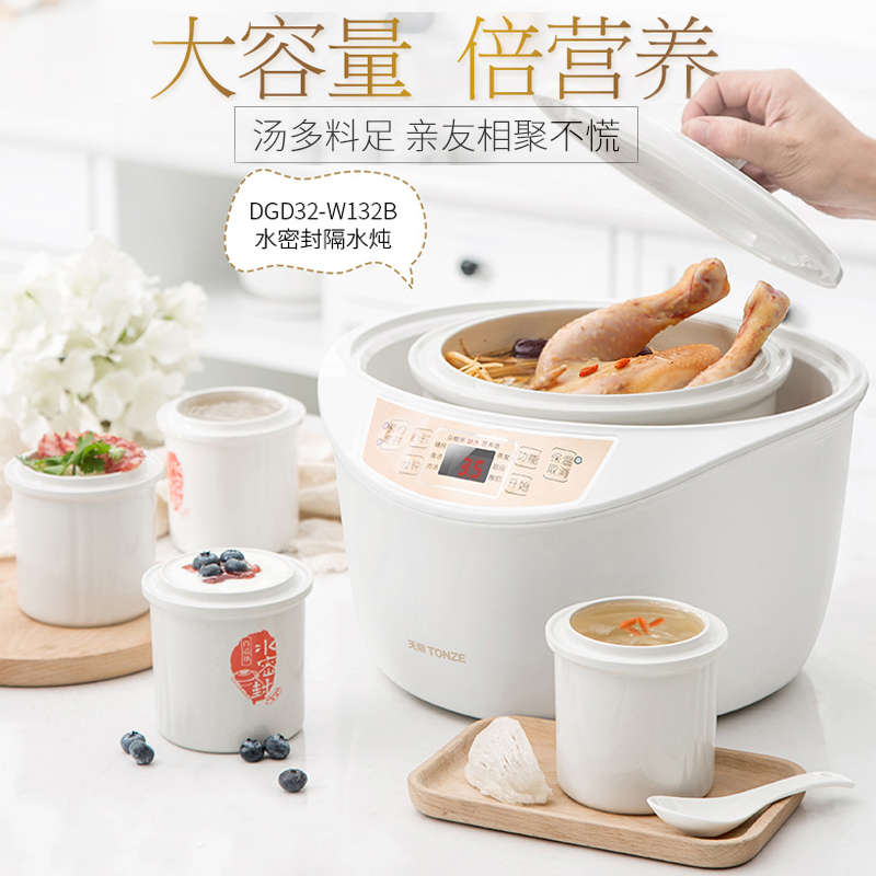 天际DGD32-W132B水密封隔水炖盅电炖锅陶瓷内胆煮粥煲汤锅一锅五胆养生电炖锅全自动预约定时3-4L/3.2升