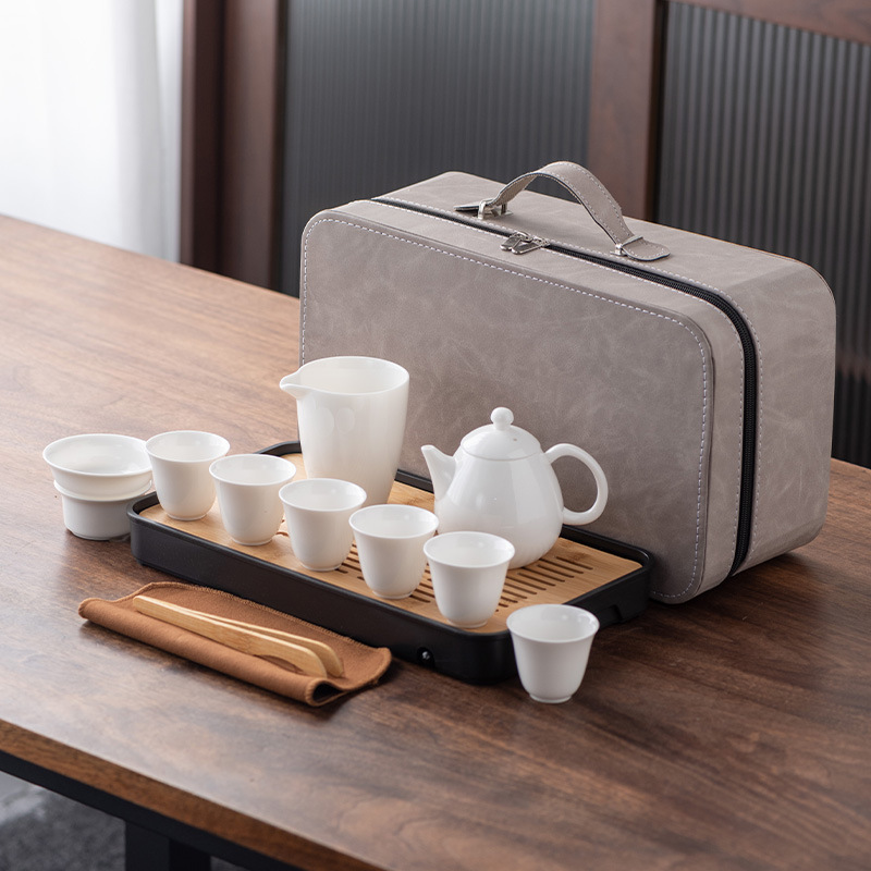 羊脂玉瓷旅行功夫茶具套装便携快客茶壶茶杯茶盘商务节日礼品-龙胆玉瓷壶/手提包/藏绿