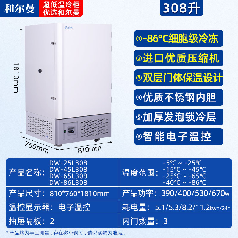和尔曼 308升医用零下80度立式超低温冰箱冰柜-25°冷冻箱实验室专用 医院疫苗血浆药剂储存冷冻柜DW-25L308