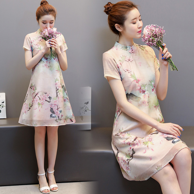 中国风改良旗袍连衣裙夏女士新品女短款a字裙小香风低领旗袍裙子