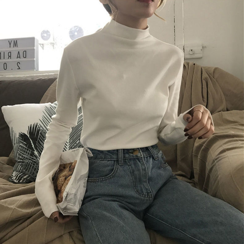 棉打底衫女秋冬长袖韩版学生修身t恤百搭白色上衣内搭半高领
