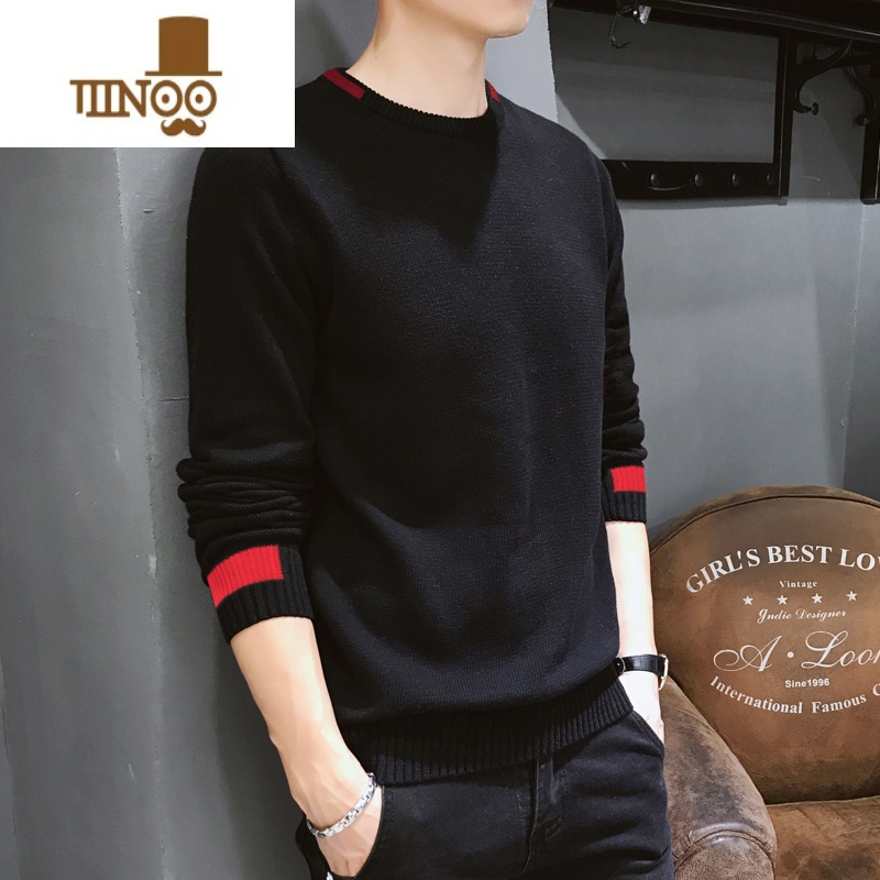 YANXU男士毛衣款保暖上衣服加绒加厚针织衫毛衫男春季内搭打底衫 黑红薄款 3XL160-180斤