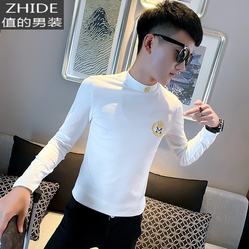 SUNTEK秋冬季长袖t恤男士韩版修身半高领刺绣上衣服加绒潮牌打底体恤衫T恤