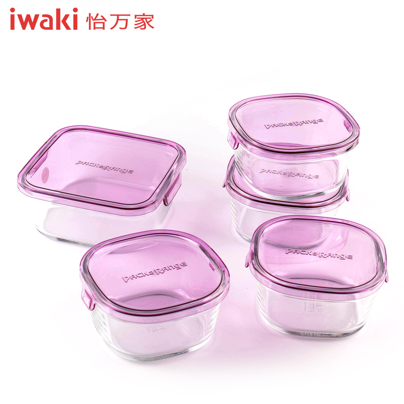 [百年品牌精致生活,高端耐热玻璃保鲜盒]CAPRN-5V1C怡万家iwaki耐热玻璃PACK&RANGE保鲜盒马卡龙5件