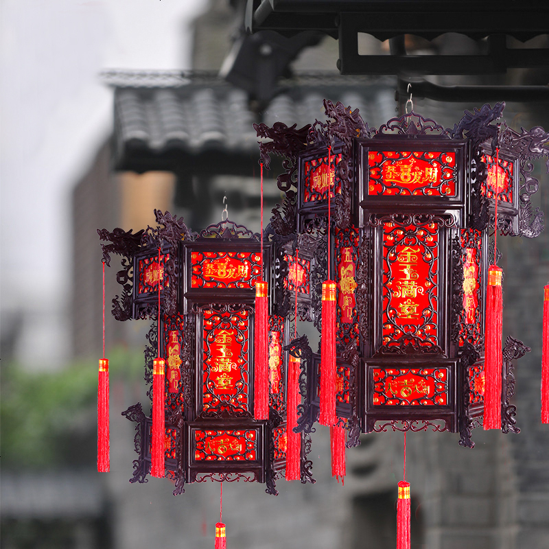 大红灯笼中式仿古宫灯六角仿 旋转走马灯新年节日喜庆阳台吊灯 仿古龙鳞三层1个[42*34]