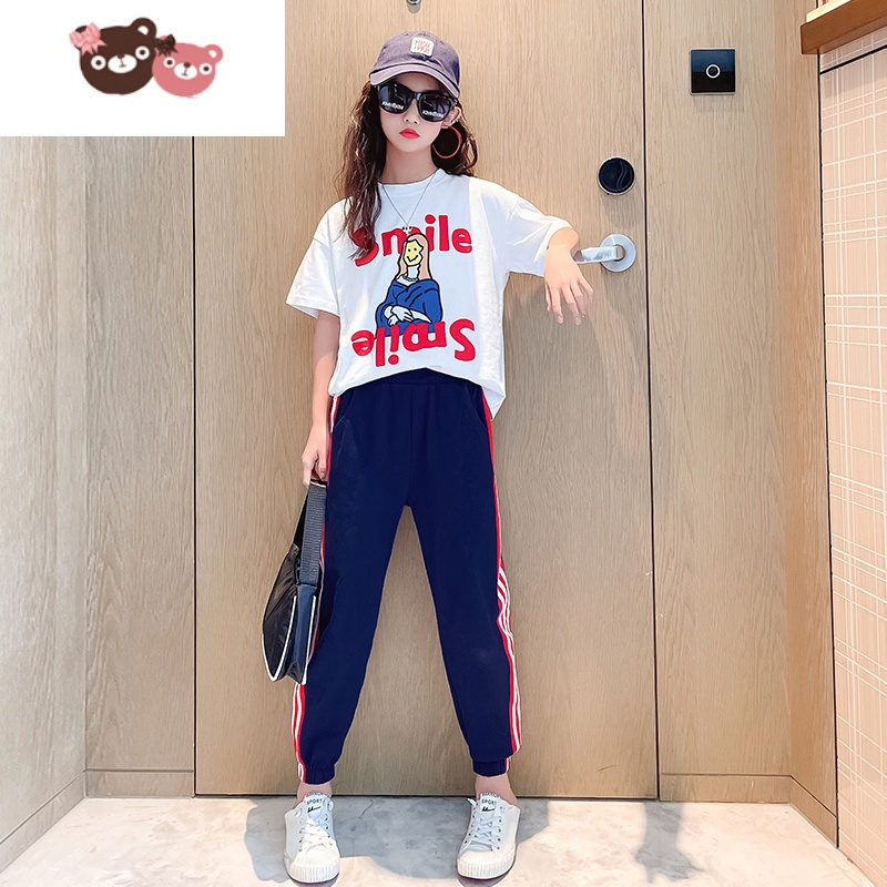 绿彩虹光女童夏装套装2022新款洋气时髦运动夏季童装中大童儿童女孩衣服潮