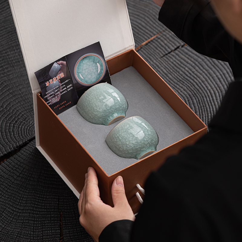 苏氏陶瓷(SUSHI CERAMICS)汝窑冰花釉禅悟杯开片养金线个人杯主人杯功夫茶杯2个礼盒装