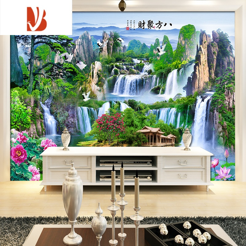 墙山水画贴纸墙贴自粘客厅装饰流水生财壁纸墙纸贴画风景壁画qz2流水