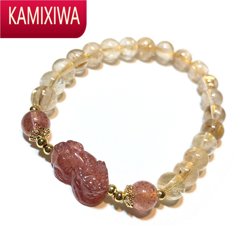 KAMIXIWA貔貅草莓晶水晶手链女编绳粉晶黄水晶金发晶手串轻奢女生手饰
