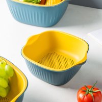塑料沥水篮厨房洗菜筐淘米篮水果盆收纳篮洗菜盆 北欧双层沥水篮6件套