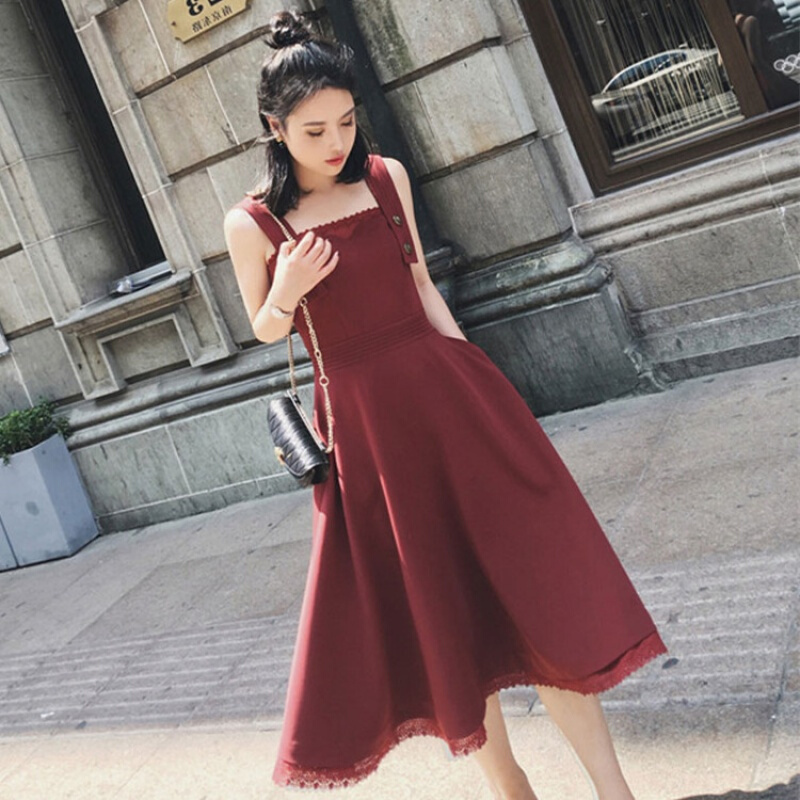 2018春夏新款韩版气质显瘦带连衣裙背带长裙背心打底裙子女装