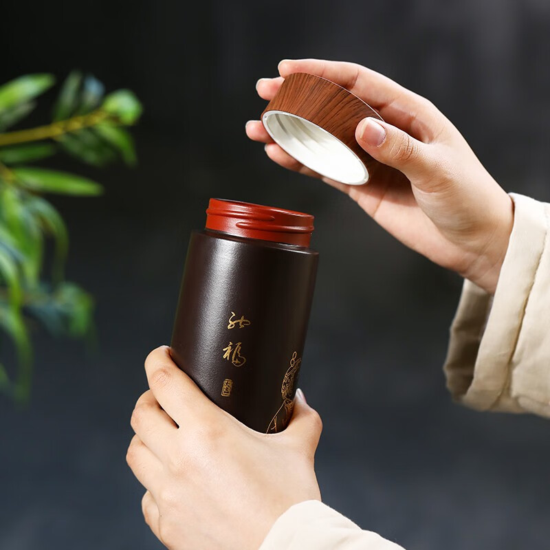 金镶玉 纳福紫砂保温杯 宜兴原矿紫砂杯 描金家用办公杯陶瓷茶杯茶具保温杯礼盒装 360ml高清大图