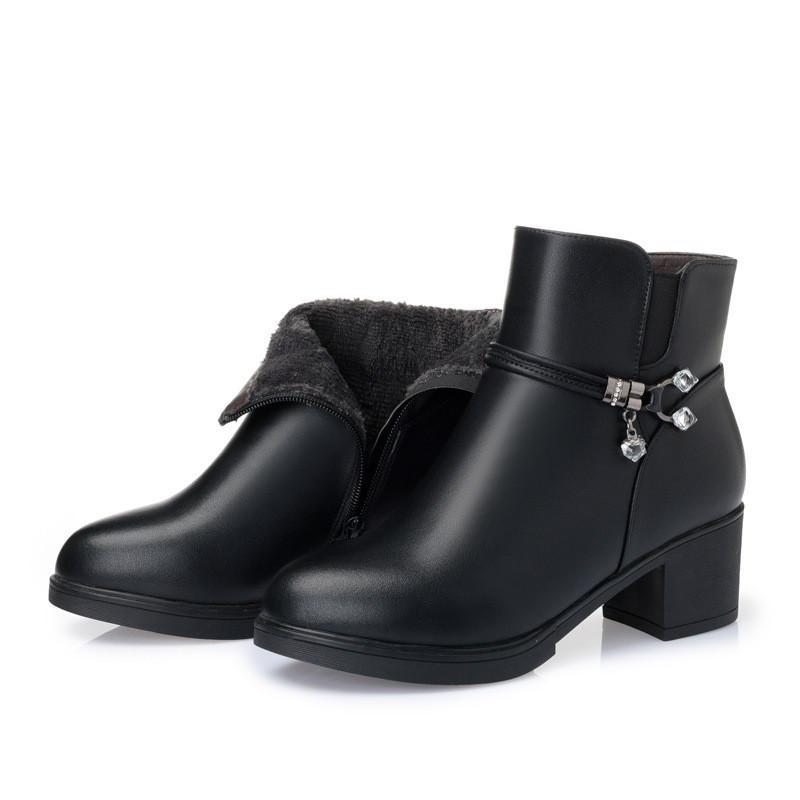 秋冬新款中年女士短靴真皮中跟粗跟加绒皮靴羊毛棉皮鞋韩版妈妈鞋