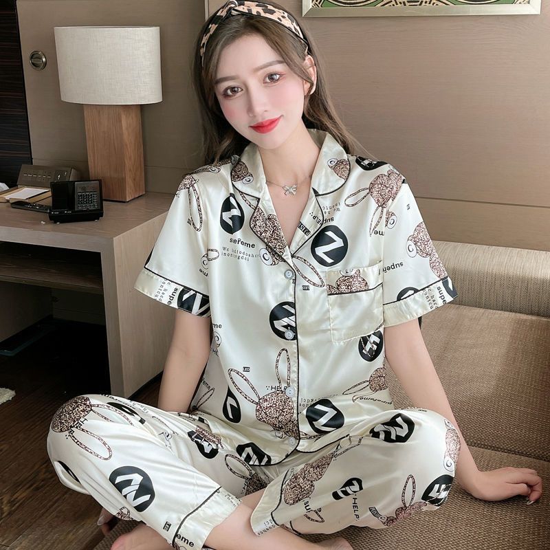 5520白#长裤+短袖[优质版] M 码[80-100斤左右] 睡衣女夏季冰丝短袖长裤韩版宽松仿真丝绸可外穿家居服春秋两