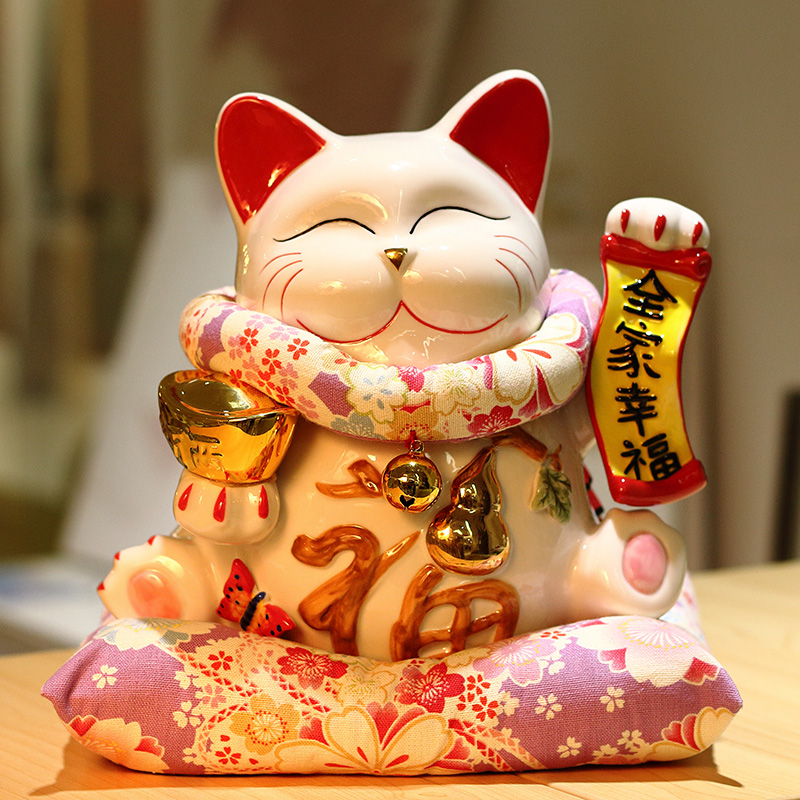 猫存钱罐大号陶瓷储蓄罐日本店铺开业创意礼品猫摆件礼品 三维工匠 10寸全家幸福紫樱棉垫猫高清大图