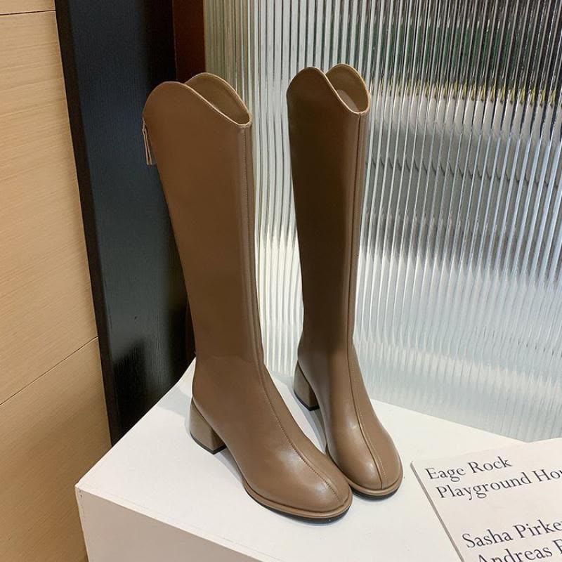 戈佳妮不过膝骑士靴女2023秋冬新款弹力靴显瘦长靴棕色粗跟小个子长筒靴图片