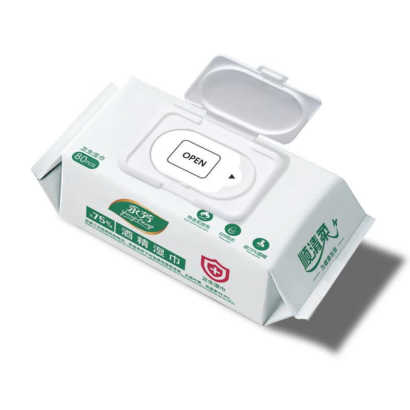 顺清柔酒精湿巾80片*4包 含75%酒精清洁抽取式湿纸巾 无香整箱销售高清大图