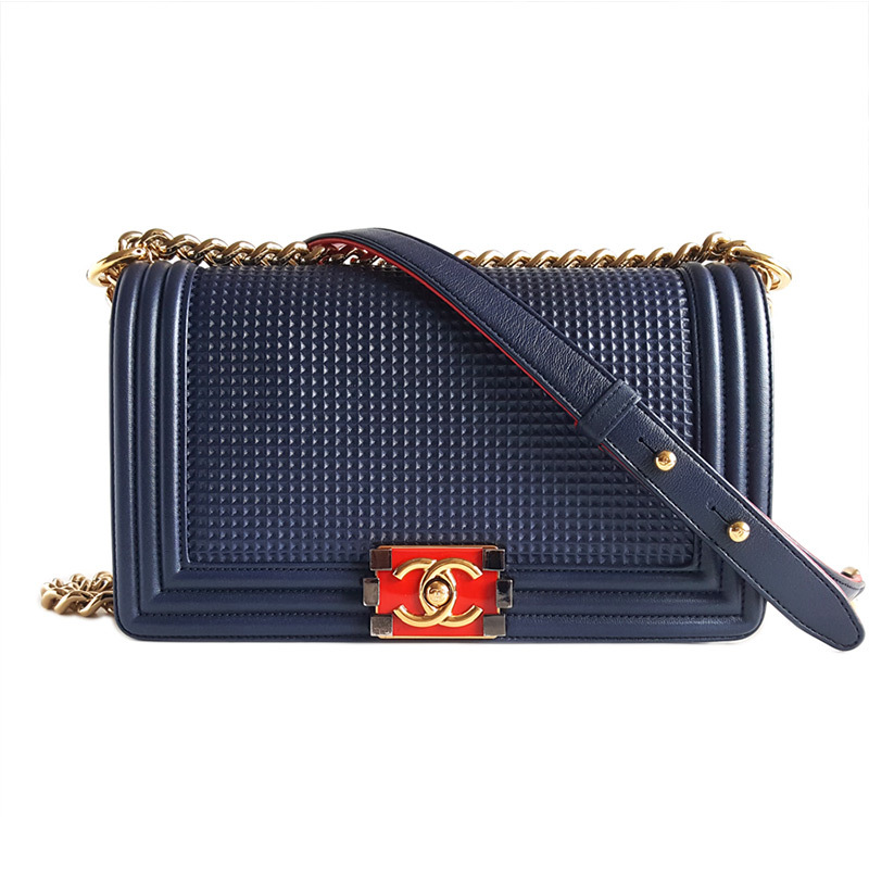 [正品二手95新]香奈儿(chanel)leboy 藏蓝色 拼红色 链条 手提 单肩