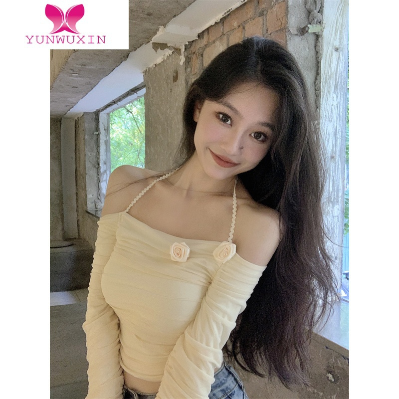 YUNWUXIN一字肩挂脖T恤女装早秋chic甜辣妹性感长袖紧身显瘦短款玫瑰上衣