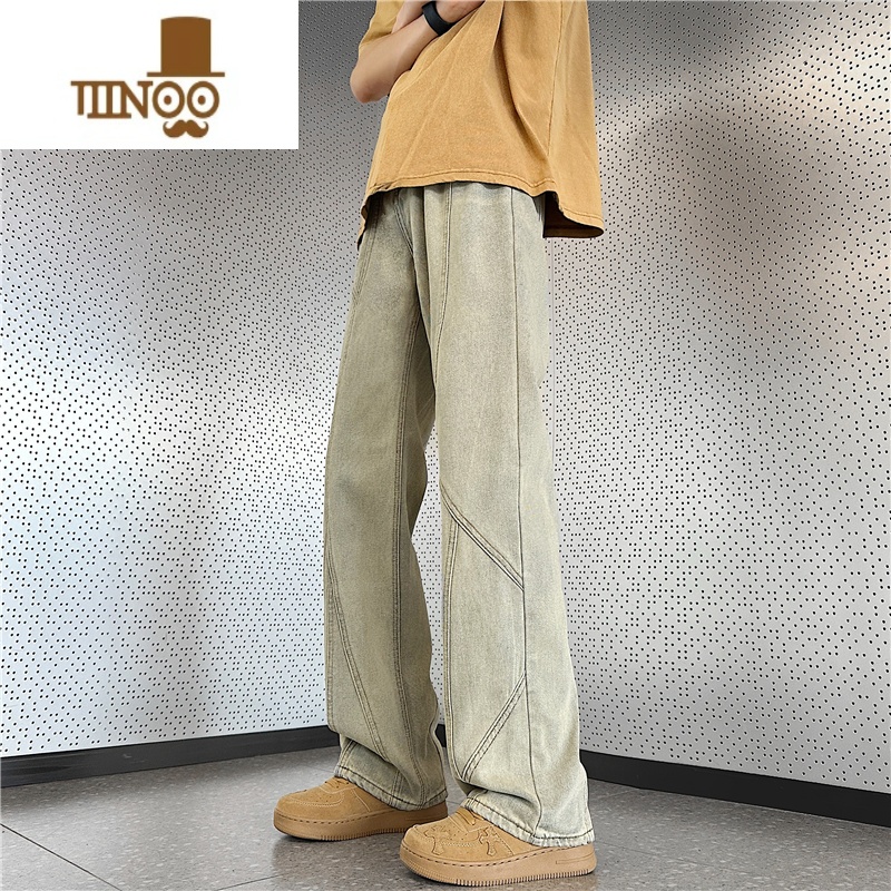 YANXU美式复古vibe裤子高街潮牌水洗做旧黄泥染牛仔裤男设计感休美复美高清大图