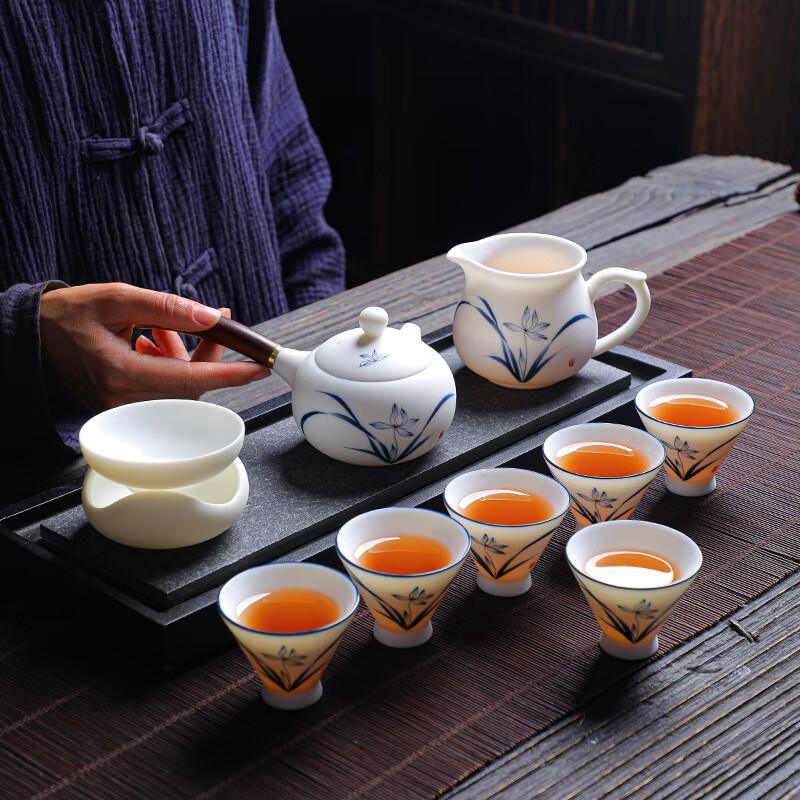 拓牌 10头素烧手绘羊脂玉瓷 侧把壶兰花 轻奢茶具套装 茶壶/茶杯整套茶具+彩盒包装 jh高清大图
