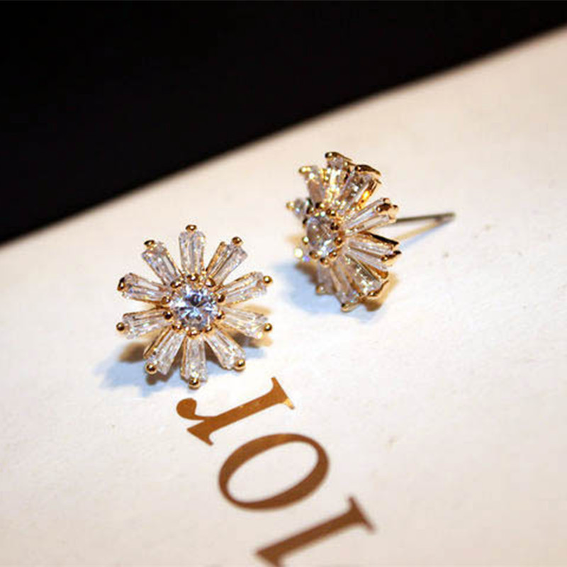 韩国时尚韩版欧美经典锆石气质简约水晶花朵耳钉 雪花耳环女