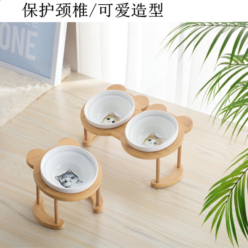 猫碗高脚猫咪喂食碗保护颈椎斜口狗碗可爱猫盆双碗陶瓷饮水宠物高清大图