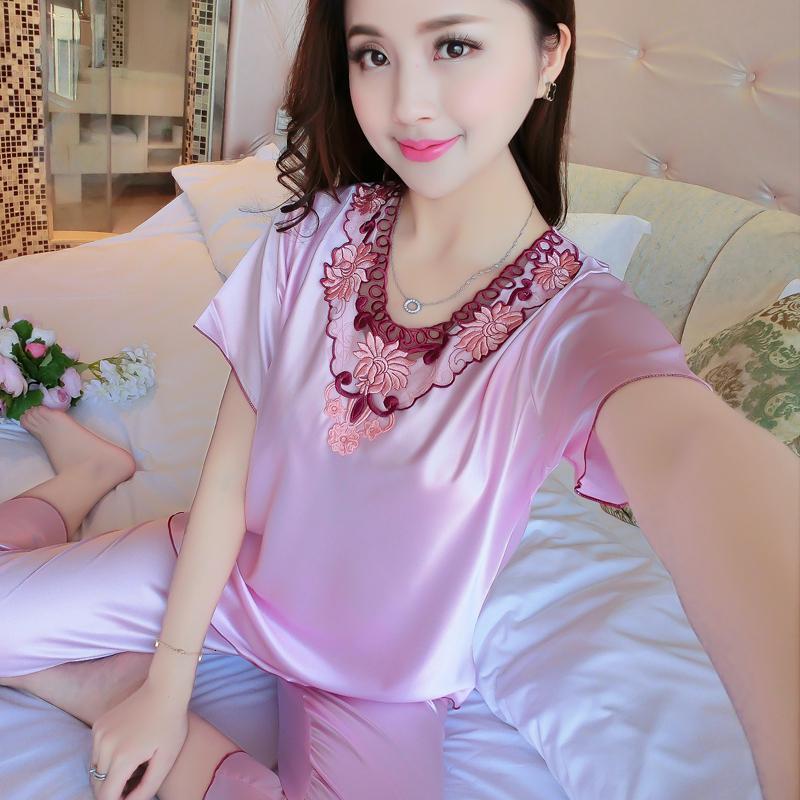 suntek睡衣女夏套装短袖夏季两件套女士薄款冰缎夏天夏款大码家居服