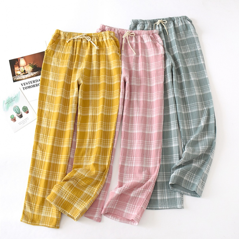 suntek日系棉格子睡裤男女士春夏季纱布长裤棉绉布薄款情侣宽松家居裤