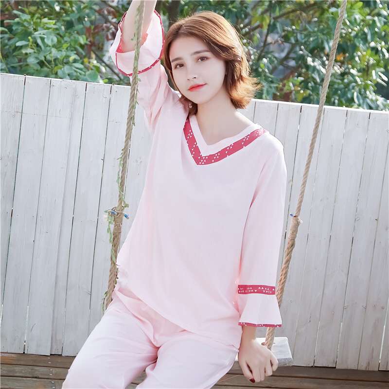 波迷娜(BOMINA)女式睡衣套装春夏款2021睡衣儿童夏季新款人棉长袖套装V领薄款棉绸两套睡衣服
