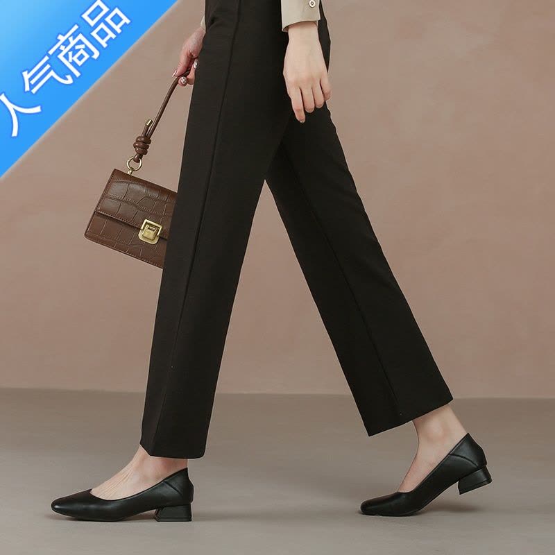 SUNTEK公务员面试女鞋三公分高跟鞋女软皮黑色工作皮鞋浅口通勤低跟单鞋图片