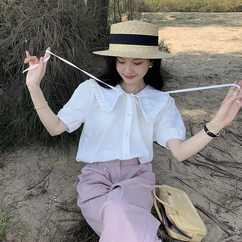 2022夏季新款韩版大翻领显瘦娃娃衫衬衫上衣女